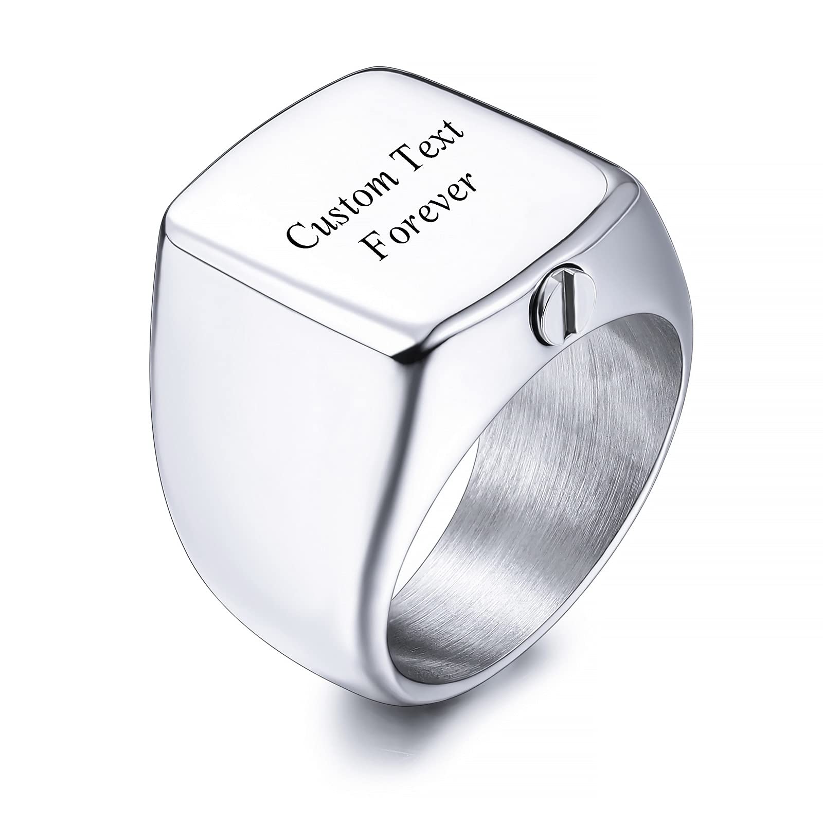 INBLUE Personalized Stainless Steel Cremation Urn Signet Ring for Men Women Pet Customized Text Ashes Holder Memorial Jewelry with Funnel Kit (Silver Size R)