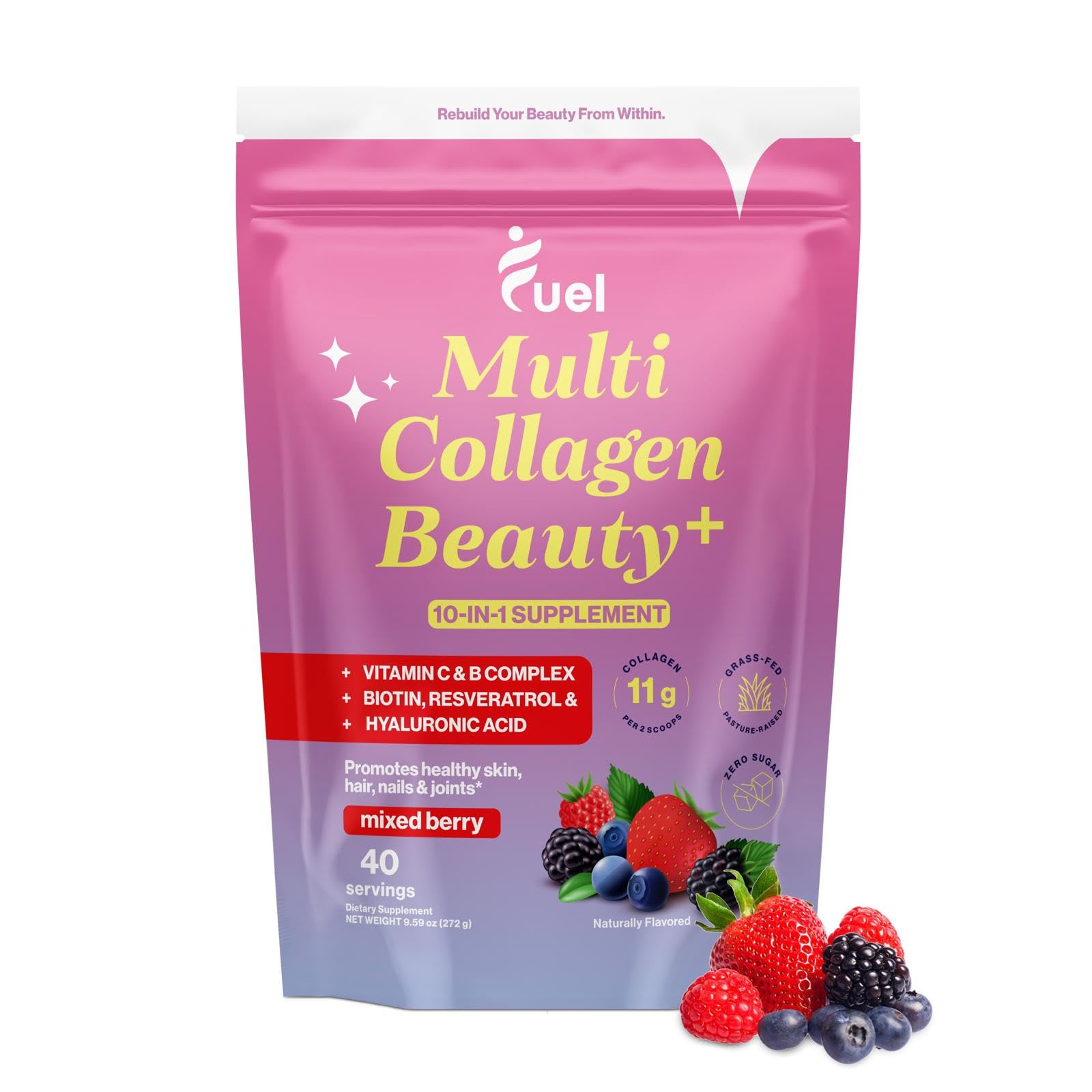 Fuel Multi Collagen Peptides Powder – 20g Hydrolyzed Collagen I, II, III, V & X for Hair, Skin, Nails & Joint Support – Better Absorption – Keto & Gluten Free, Mixed Berry, 1oz