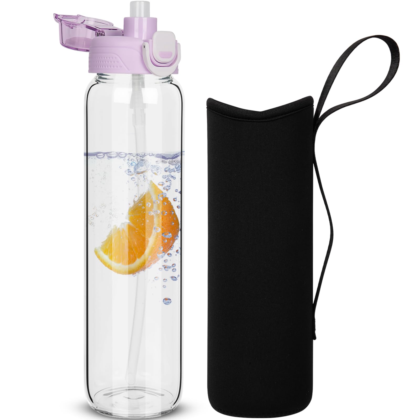 DEARRAY 1l Glass Water Bottle with Straw & Neoprene Sleeve 1 litre BPA free Glass Drinking Bottle Leakproof