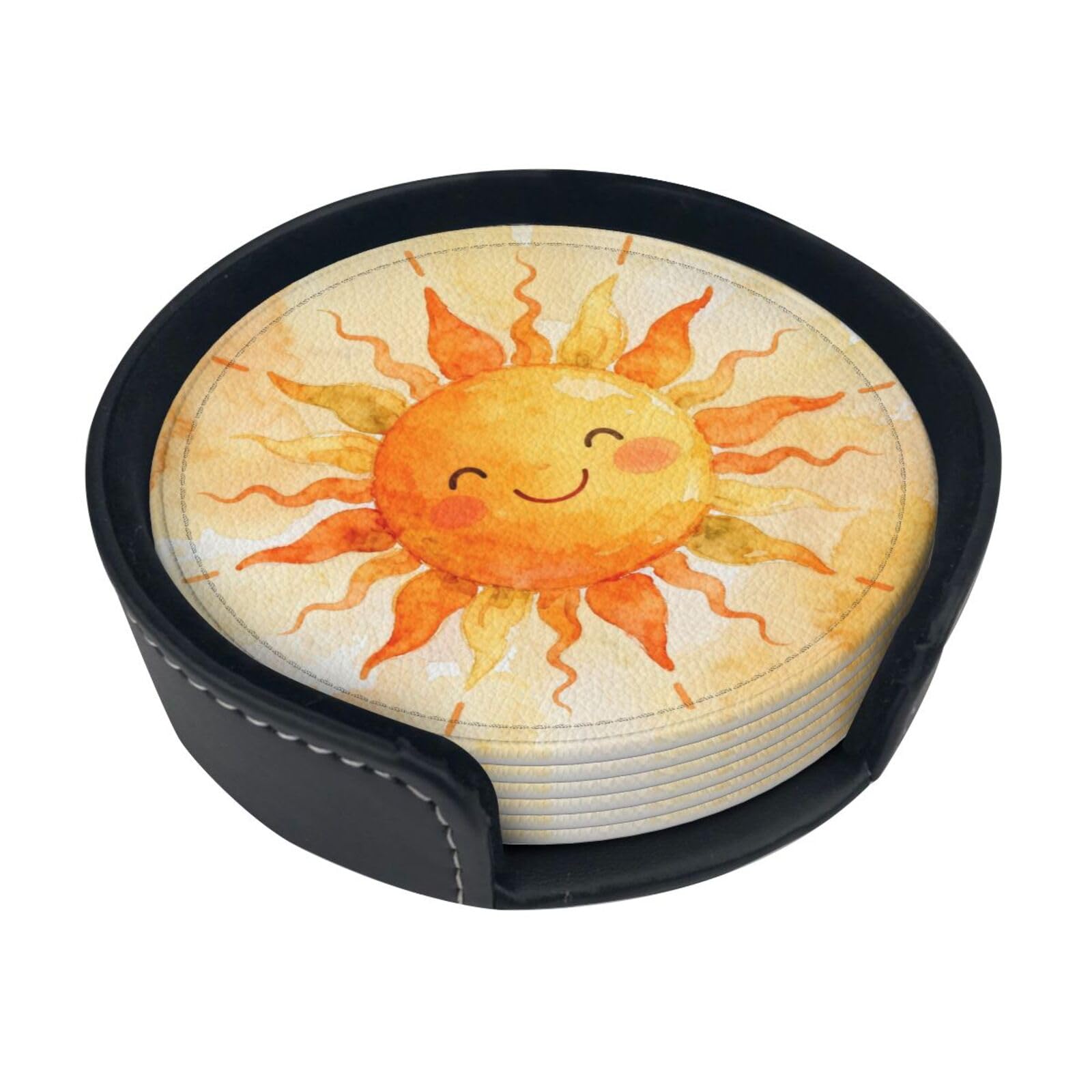 Cntdbu White Sunflower Sun Leather Coasters Set Of 6-Pu Leather Drink Mats For Table, Heat Resistant Round Coasters With Holder