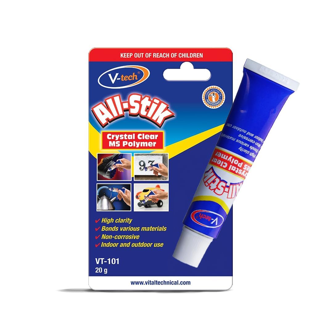 V-tech Multi-Purpose All Stik | Clear High Clarity | Bonds Various Materials | Non-Corrosive | Indoor And Outdoor Use & Non-Staining Adhesive (20g, Pack Of 1)
