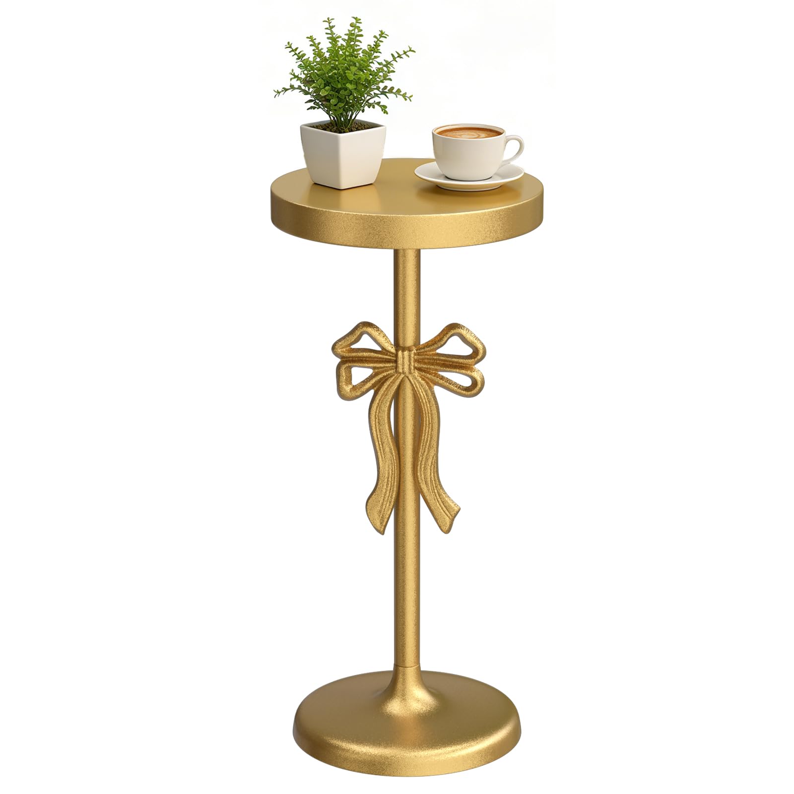Photo 1 of Heakrit Gold Drink Table, Metal Martini Side Table - 9.9" x21.7'', Gold Small Accent Table with Bow Decoration, Pedestal End Table for Small Spaces