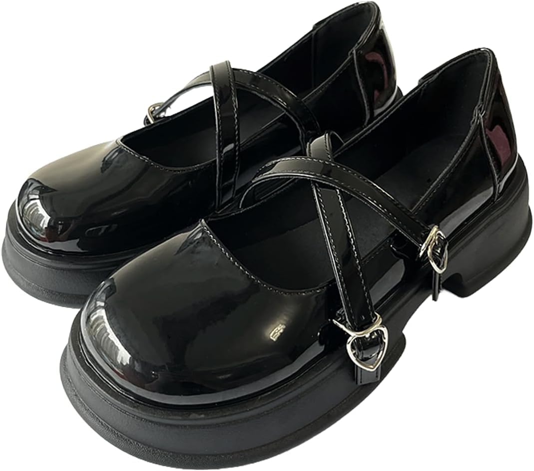 Zapatos de plataforma Mary Jane con cordones ajustables y punta redonda y suela gruesa con lazo cruzado en forma de corazón estilo gótico Harajuku Kawaii Lolita (black,40)