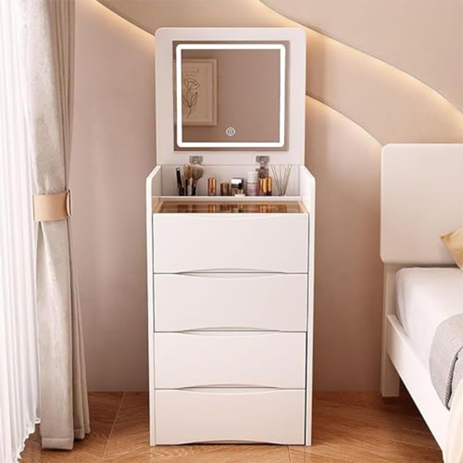 Tocador blanco con luces LED y espejo mesa de maquillaje moderna con taburete de 48cm