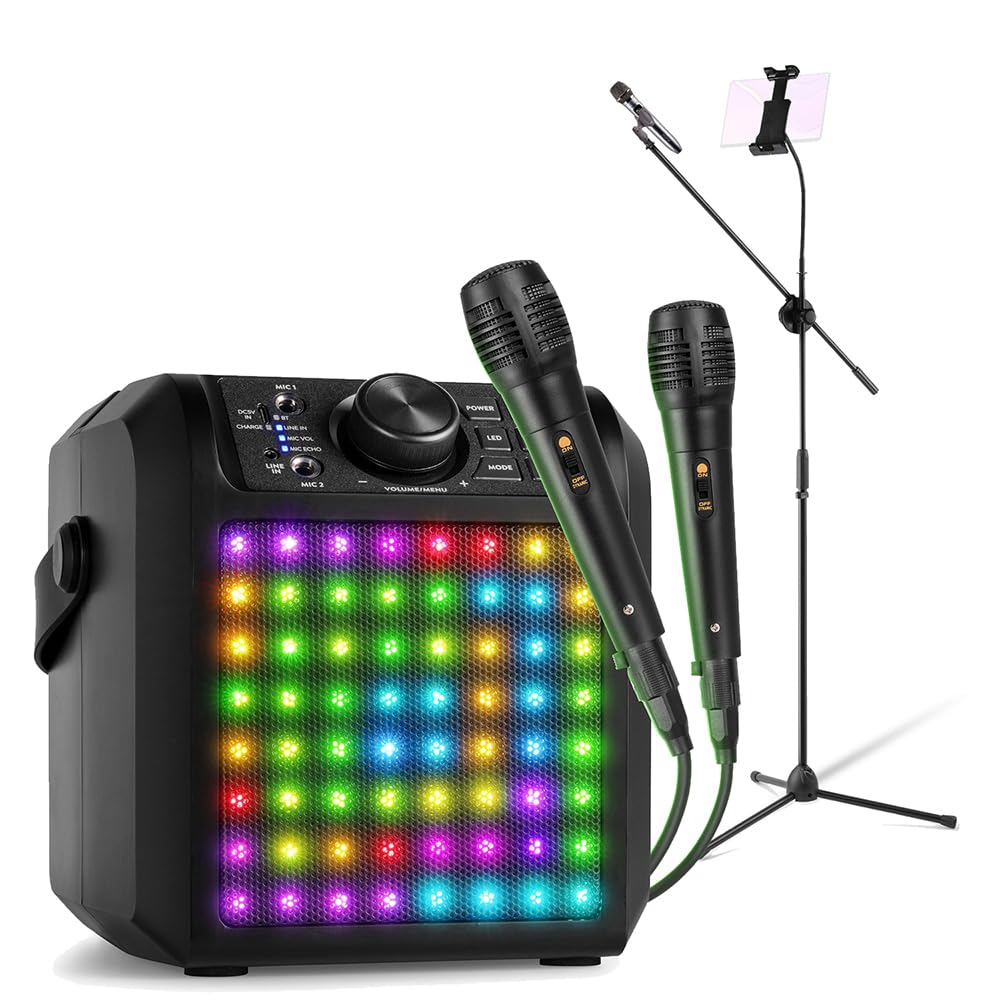Fenton KAR50B Kids Karaoke Machine with 2 Microphones, Bluetooth Speaker, Tablet Mount, Adjustable Mic Stand, RGB Lights, 50W Rechargeable Home Party System for Children