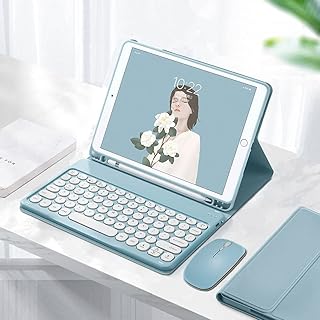 マウス付き iPad 第9/8/7世代 iPadAir3 iPadPro10.5 キーボードケース カラフル 丸型キー レディース 可愛い iPad 9 8 7 アイパッド 10.2インチ 10.5インチ キーボードカバー bluetooth カラーキーボード,霧ブルー