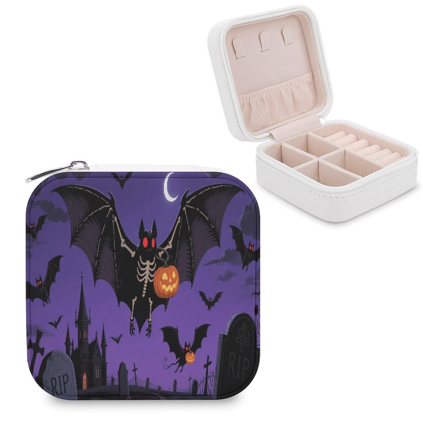 VstaDank Halloween Flying Bats Jewelry Box for Women Jewelry Organizer Storage Case with Zipper Mini Travel Jewelry Case Cute Trinket Organizer Leather Portable Jewelry Storage Box