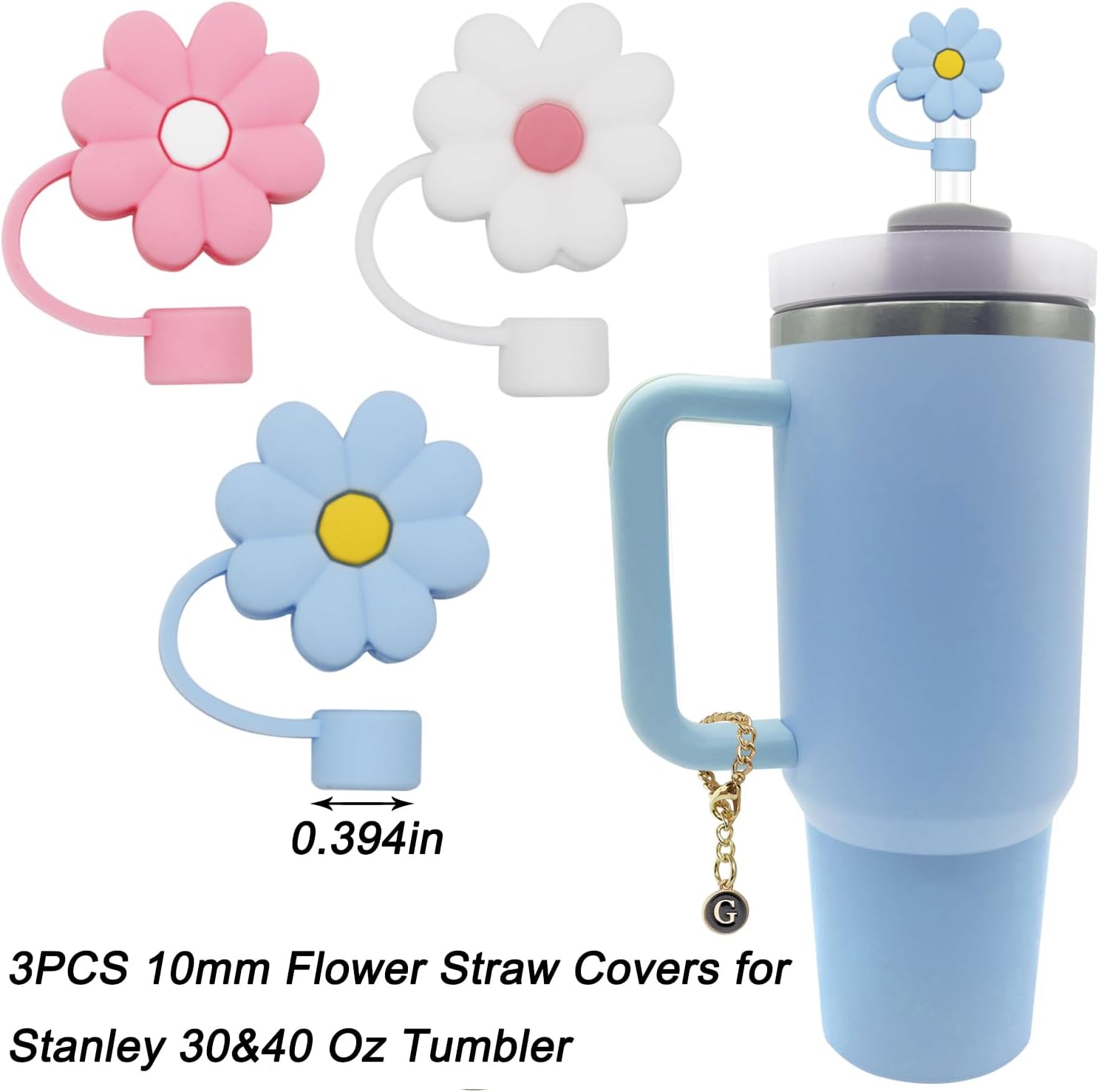 ANDERSE 3PCS Straw Cover Cap for Stanley Cup Accessories Silicone Flower 10 mm Straw Protector Tip 2PCS Initial Letter Charm Personalized Stanley 30&40 OZ Tumbler (3pcs Straw Cover+2pcs Letter G)