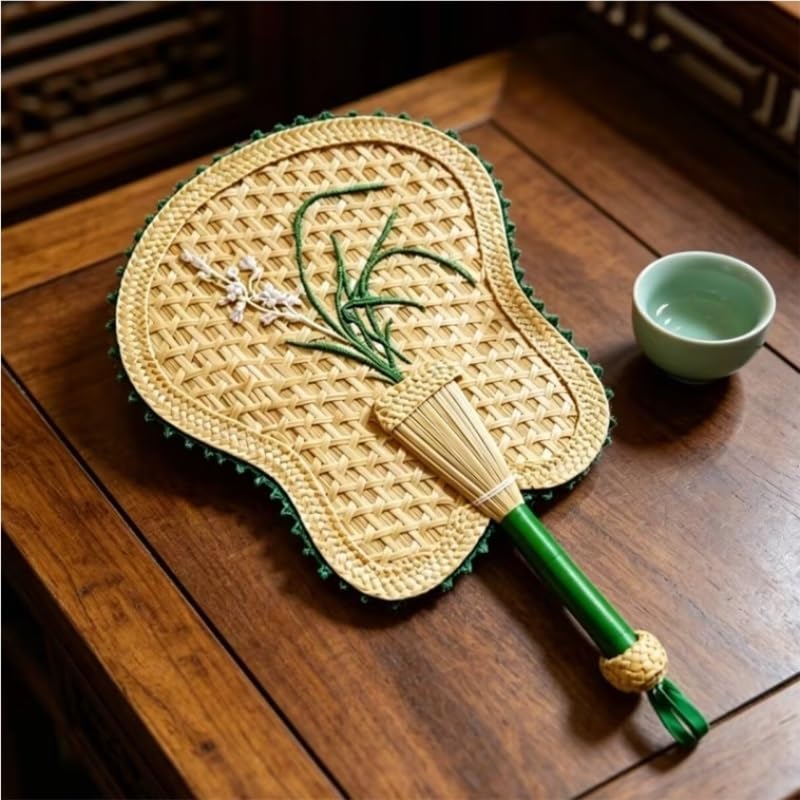 Natural Woven Hand Fan with Orchid Embroidery Portable Handheld for Cooling Traditional Handle