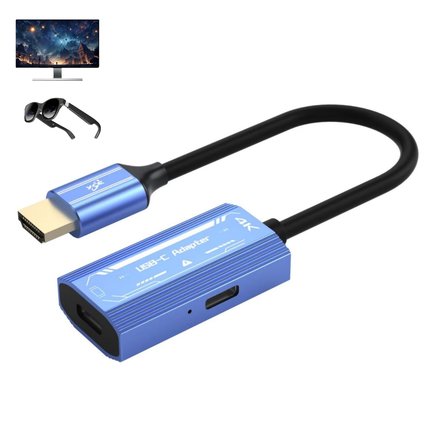Adapter HDMI na USB C 4K przy 60 Hz, okulary AR kompatybilne z portem XREAL/VITURE/RayNeo/Rokid PD, adapter Plug & Play HDMI na typ C, przenośny monitor z PS4, PS5, Xbox, Switch, laptopa