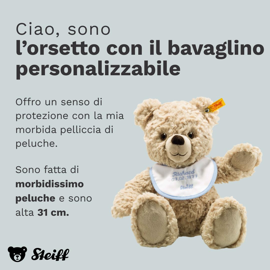 Steiff Peluche Orsacchiotto con bavaglino personalizzabile, animale di stoffa, bambini, bambine e neonati da 0 mesi, pupazzo di 30 cm, beige, 241291