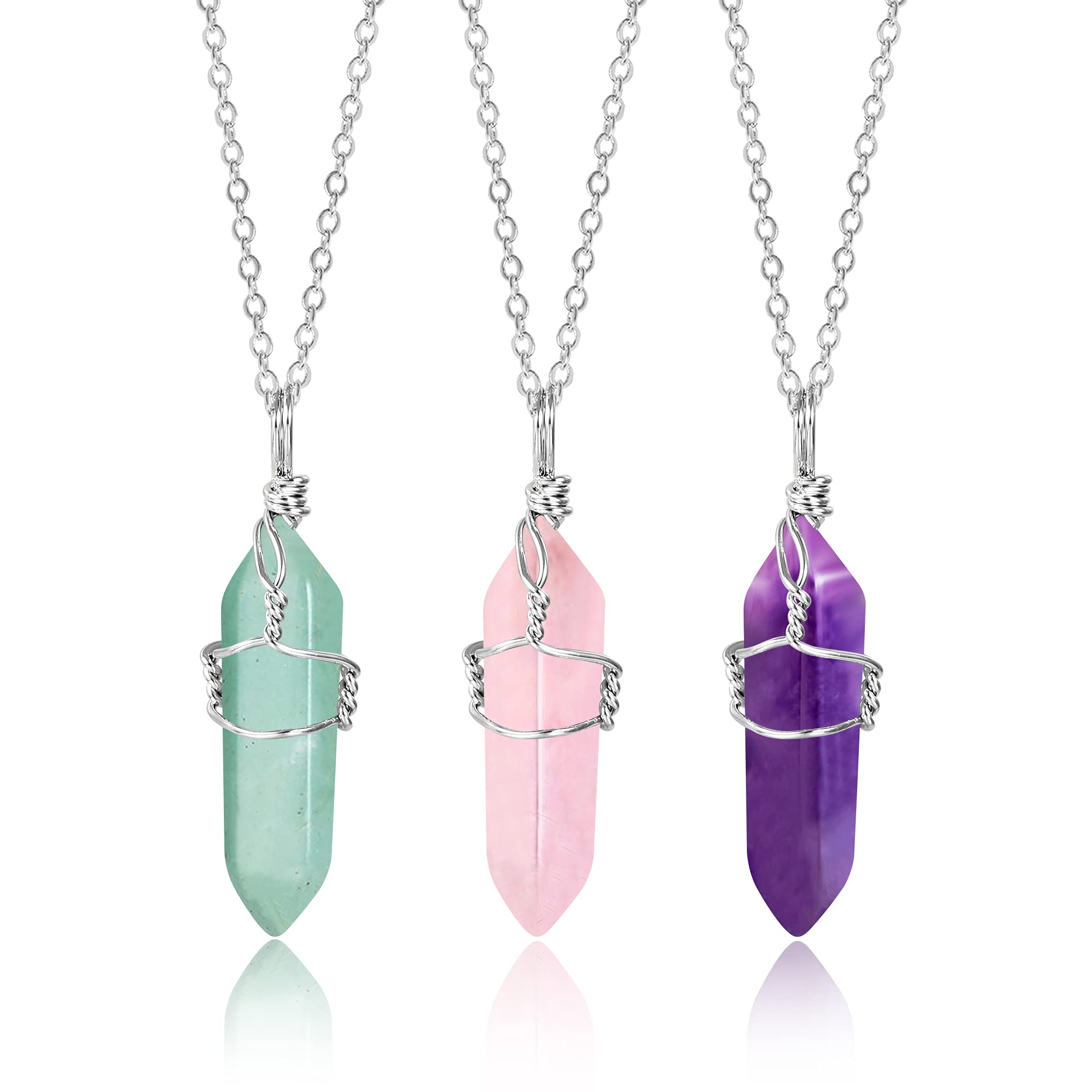 KISSPAT 3 Pcs Healing Crystals Necklace Real Stone Quartz Necklaces for Women | Hexagonal Spiritual Crystal Necklace Set