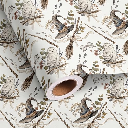 lopmou Witch Wrapping Paper Roll for Girls Boys - White Gift Wrap with Witch Hat Magic Broom Owl Floral Bow Design for Birthday Party Supplies DIY Craft (Total 28.5 sq.ft)