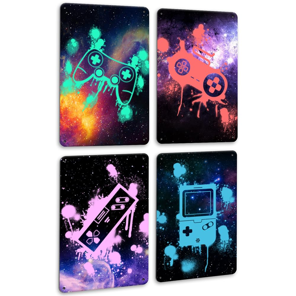 Drsoum Video Gamer Room Decor for Boys Gaming Wall Decor Neon Gaming Room Metal Sign 12 x 8 Inch Set of 4 - Gamer Wall Decor Teenage Boy Room Decor