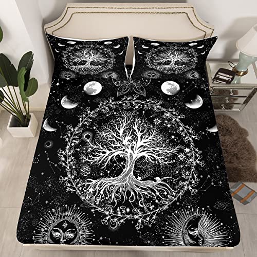 Loussiesd Sun and Moon Bed Sheet Set Bohemian Tree Butterfly Psychedelic Hippie Fitted Sheet for Boys Girls Galaxy Astrology Double Size