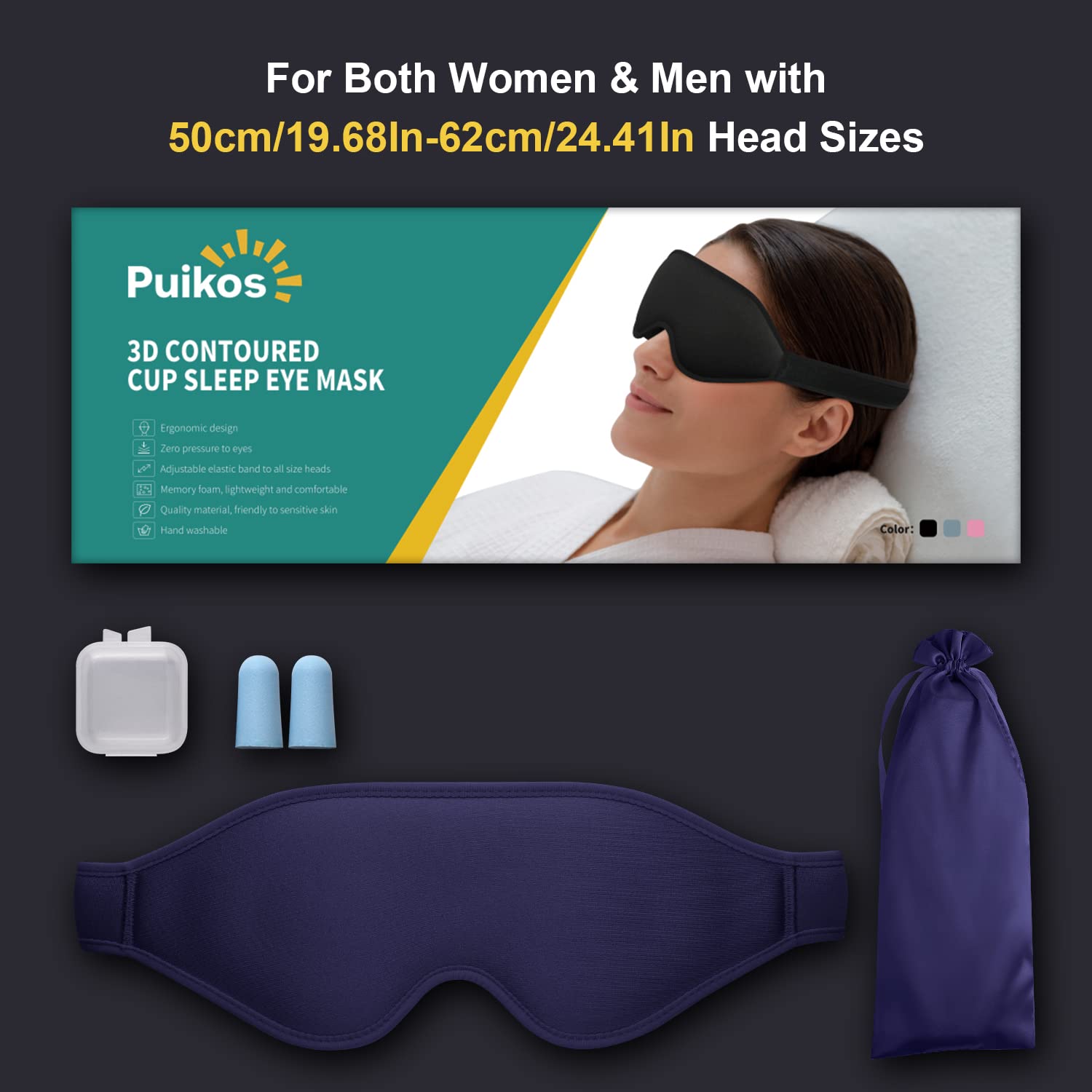 Puikos Antifaz para dormir, cubre ojos para dormir, cómodo, ajustable, contorneado, opaco, ponderado, protector de extensión de pestañas, antifaz para dormir, para viajes, yoga, siesta (Azul)