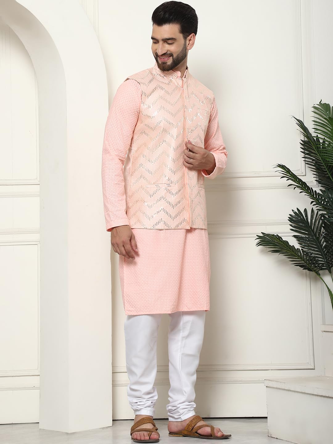 Sojanya (Since 1958 Men's Pure Cotton Peach Kurta And White Pyjama With Sequins Pink Nehru Jacket