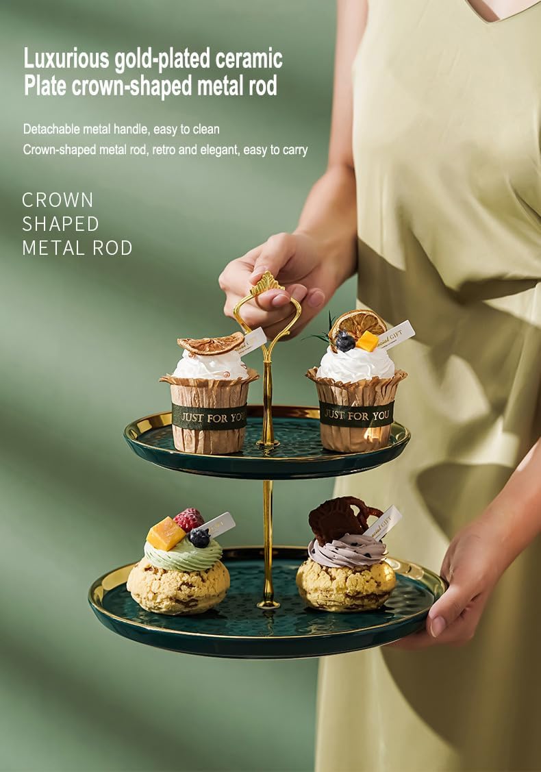 FURN ASPIRE Luxurious Ceramic Two-Layer Fruit Plate, Detachable Serving Tray Dessert Tower for Wedding Birthday Summer Baby Shower Graduation Tea Party(Green 15x20 cm 2-Layer Plate Round) 4