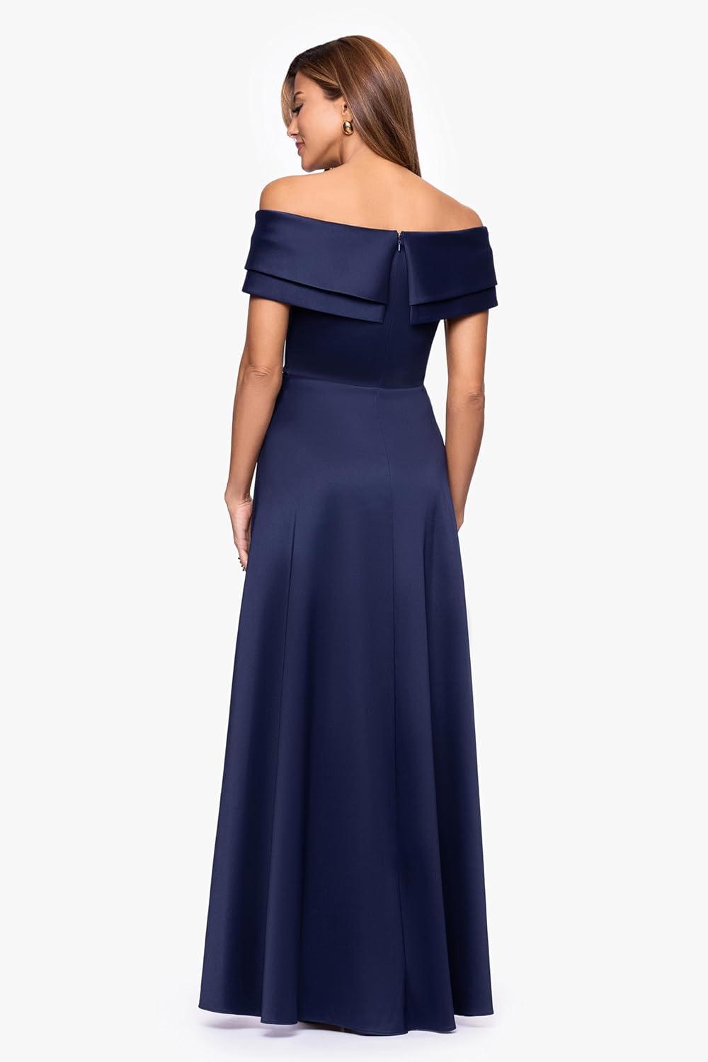 Xscape Womens Stretch Mikado Off The Shoulder Pleated Ruched Floor Length Dress - Image 2