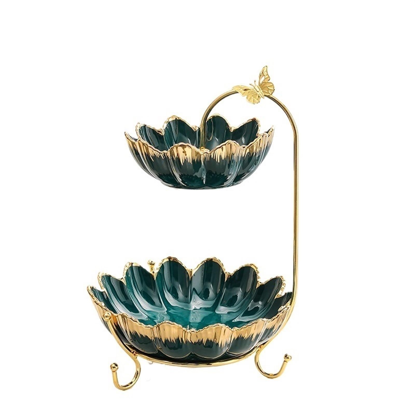 Fruit Plate Ceramic Tiered Serving Bowls Tray With Metal Rack, Ceramic Fruit Bowl, Fruit Stand For Countertop, Fruit Basket Stand Vegetable Bowl Snacks Nuts Bread Candy Storage Fruit Bowl (Green )