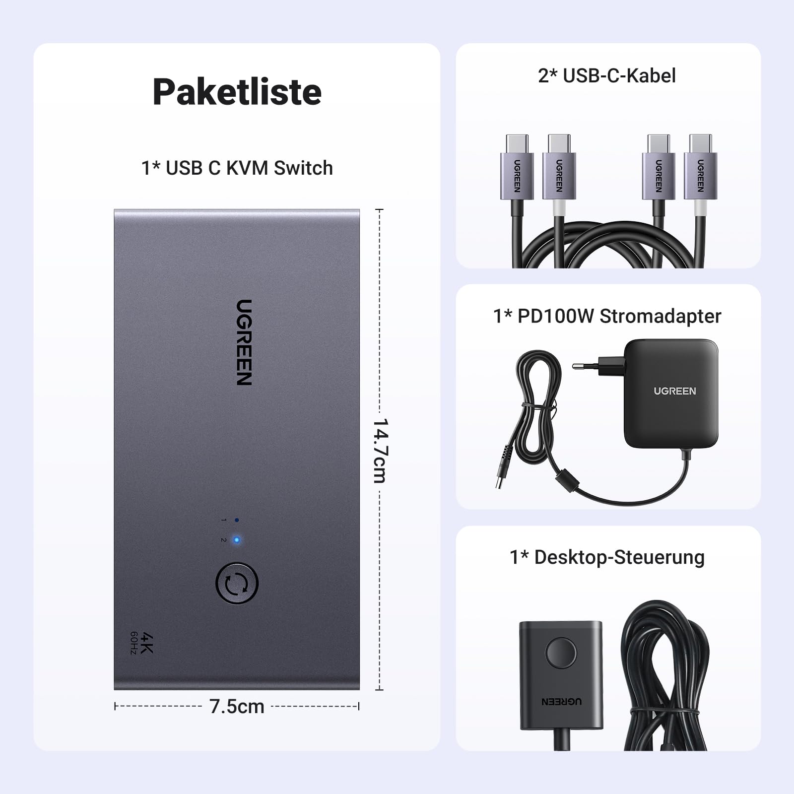 UGREEN USB-C KVM Switch 2 PC 2 Monitore 4K@60Hz, USB C Switch 2 Inputs 2 Outputs mit 4 USB 3.0 Ports, 2 Laptops teilen sich zwei Monitore Tastatur, Maus, Festplatte, Drucker mit PD100W Netzteil