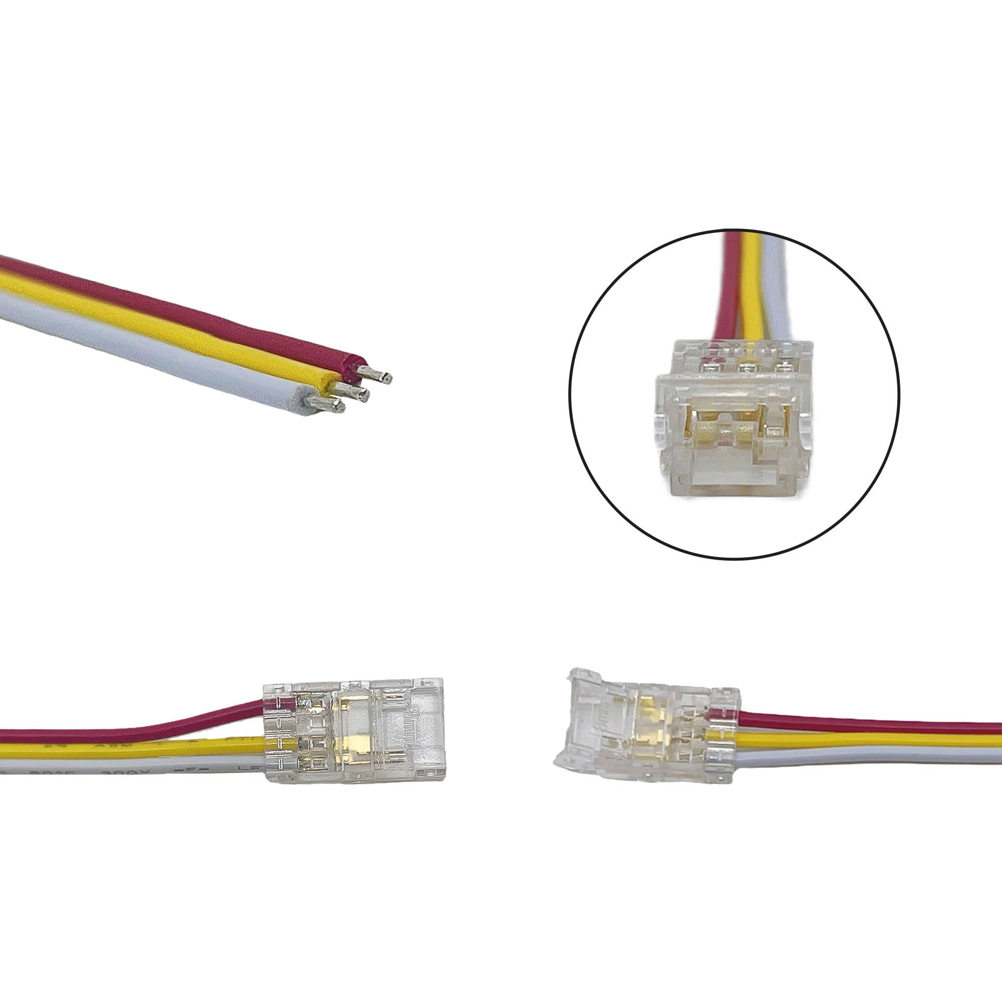 Clearhill 8mm 3Pin 10Pcs COB LED Strip Connectors,Double-ended Strip to Wire Solderless With 10cm Wire Connector,for Double Color 5V/12V/24V LED Strips,No Soldering Required,Secure Connection - Image 4