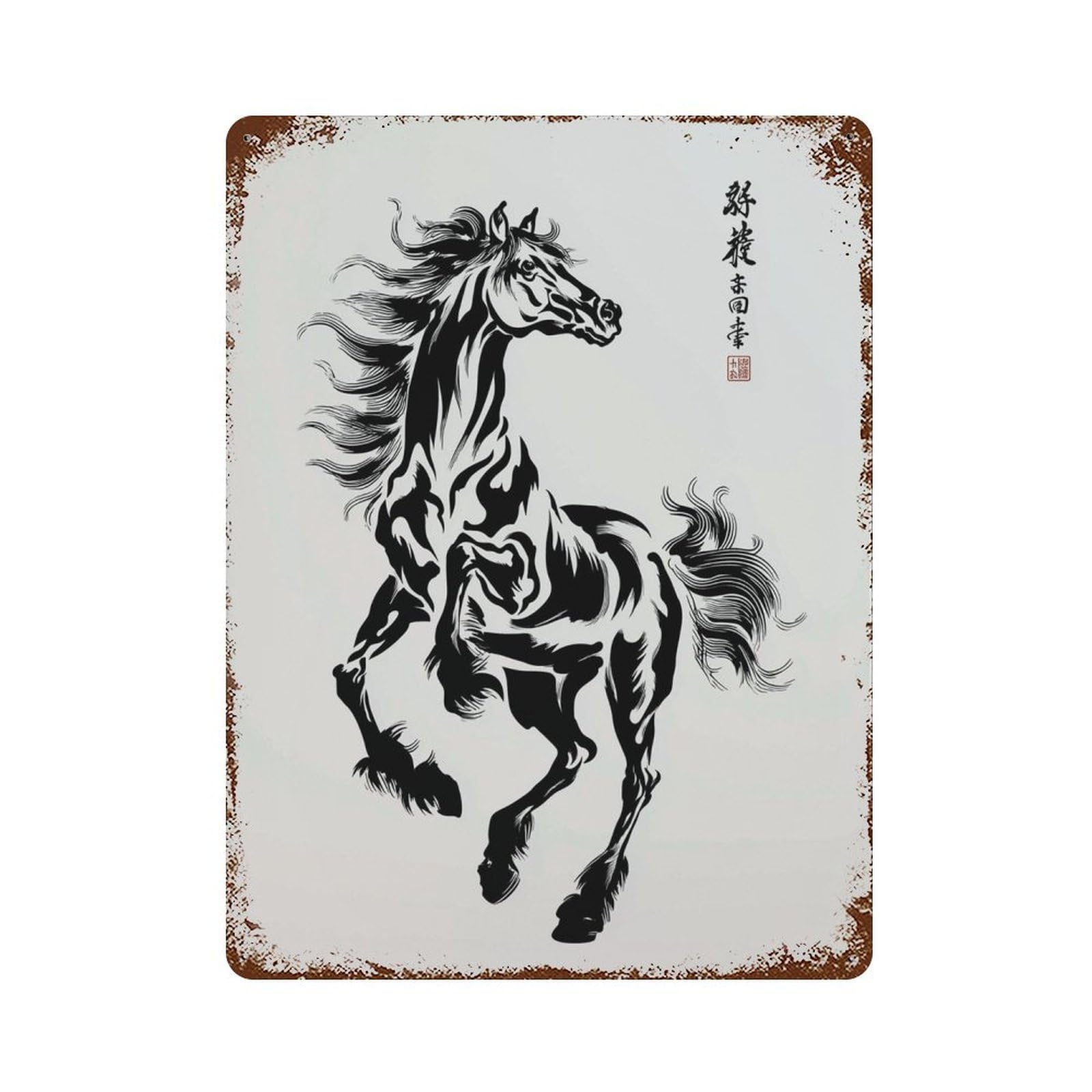 xiaoxiaoshen Chinese Horse – Black Ink Calligraphy Traditional Asian Brush Painting Bold Gall Wall Decor Art Metal Tin Poster Modern Home Decor Art Home Bar Shop Decorations Vintage Sign 40x30cm