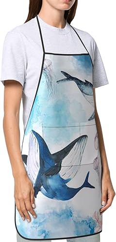 Miniatura 4 de Delantal estampado de ballenas marinas y medusas, delantal de cocina impermeable para mujer, cintura ajustable, con bolsillos, adecuado para el
