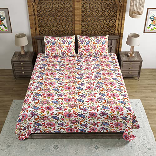 Image of BLOCKS OF INDIA Hand Block Printed 200 TC Cotton Super King Size Bedsheet(106 x 106) (White JAAL)