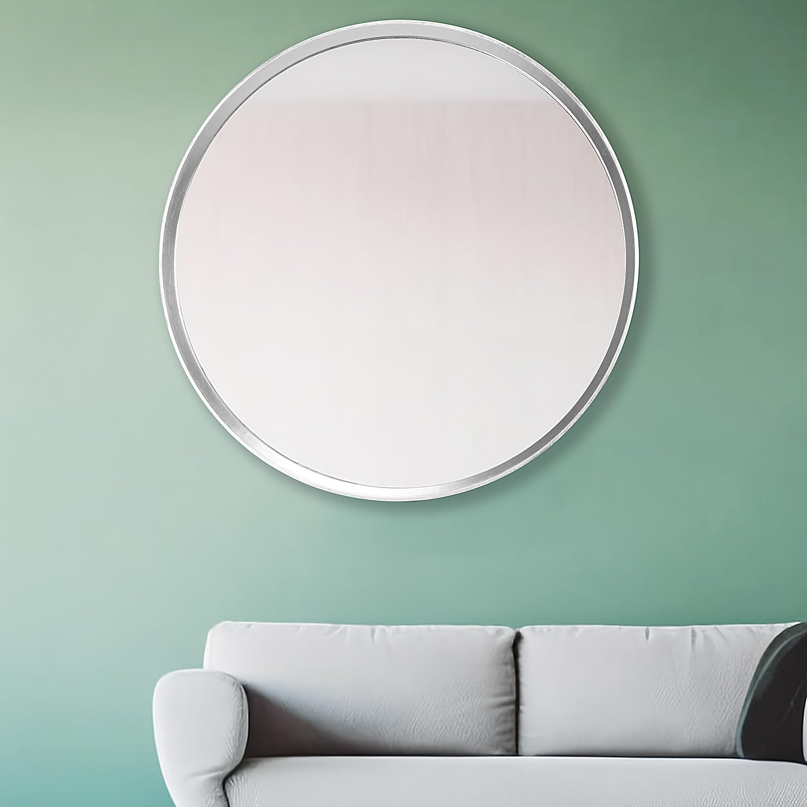 Silver Round Mirror 28 inch, Wood Framed Large Round Mirror, Silver Wall Mirror for Bathroom, Wall-Mounted Circle Mirrors, Suitable for Entrance, Living Room, Bedroom, Hallway, Vanity