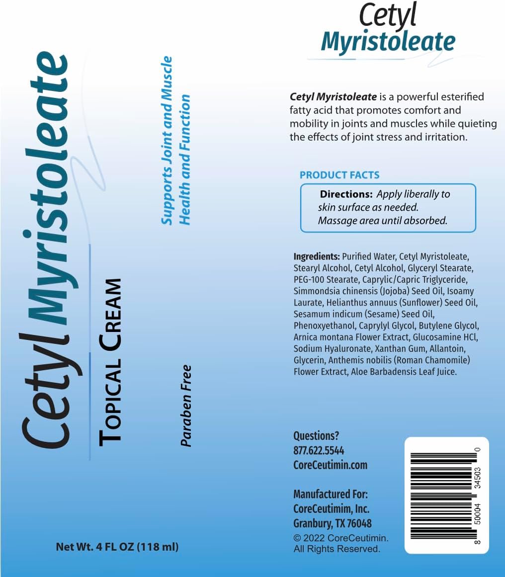 Cetyl Myristoleate Topical Cream Omega 5 Fatty Acid - Helps Reduce Joint and Muscle Discomfort - Includes Arnica, Glucosamine, Aloe,Jojoba, Sunflower & Sesame Seed Oil - 4oz. by Coreceutimin