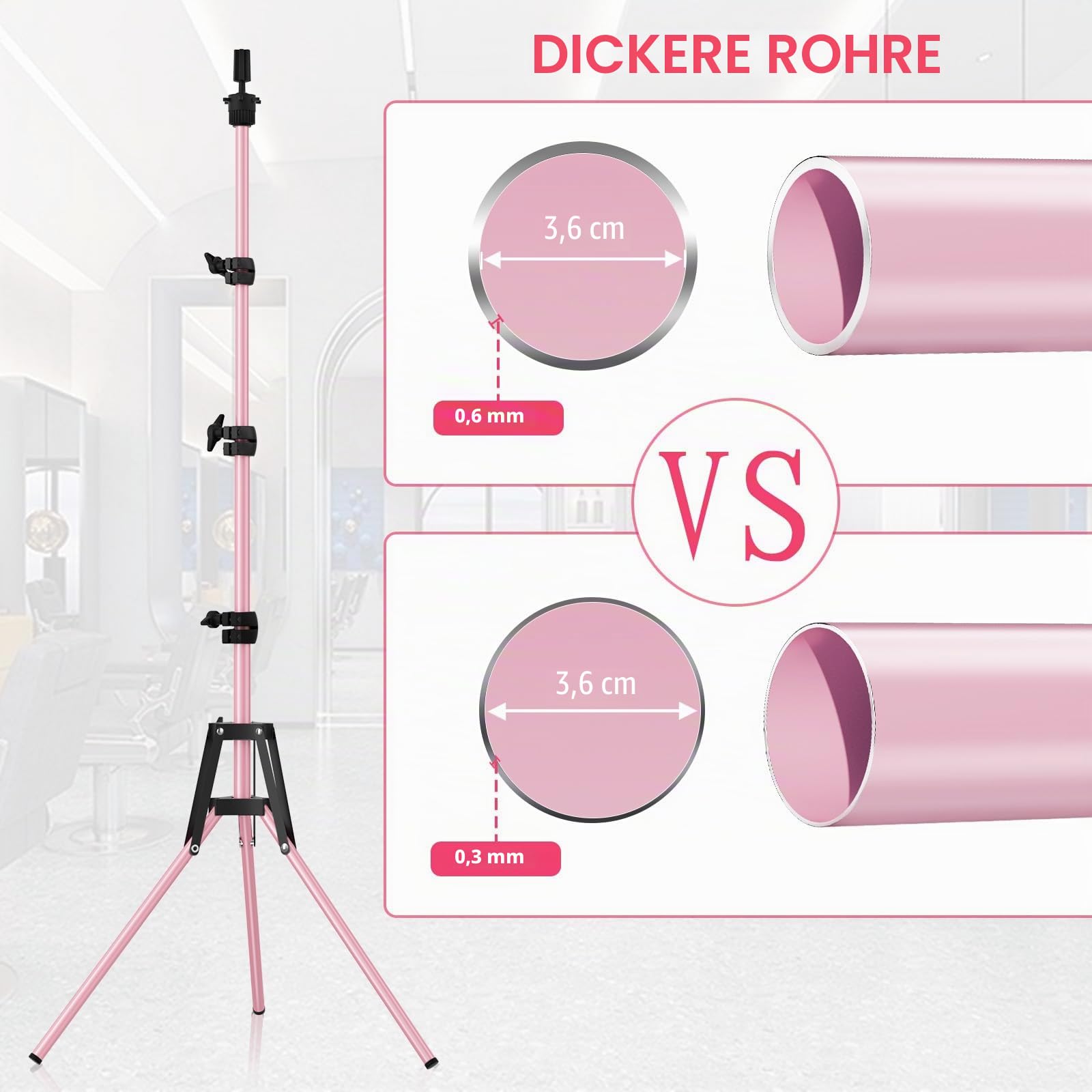 Mannequin-Kopfständer, 160 cm, verstellbarer Perückenständer, verstärktes Metall, Mannequinkopfständer für Kosmetologie, Friseurtraining (rose)