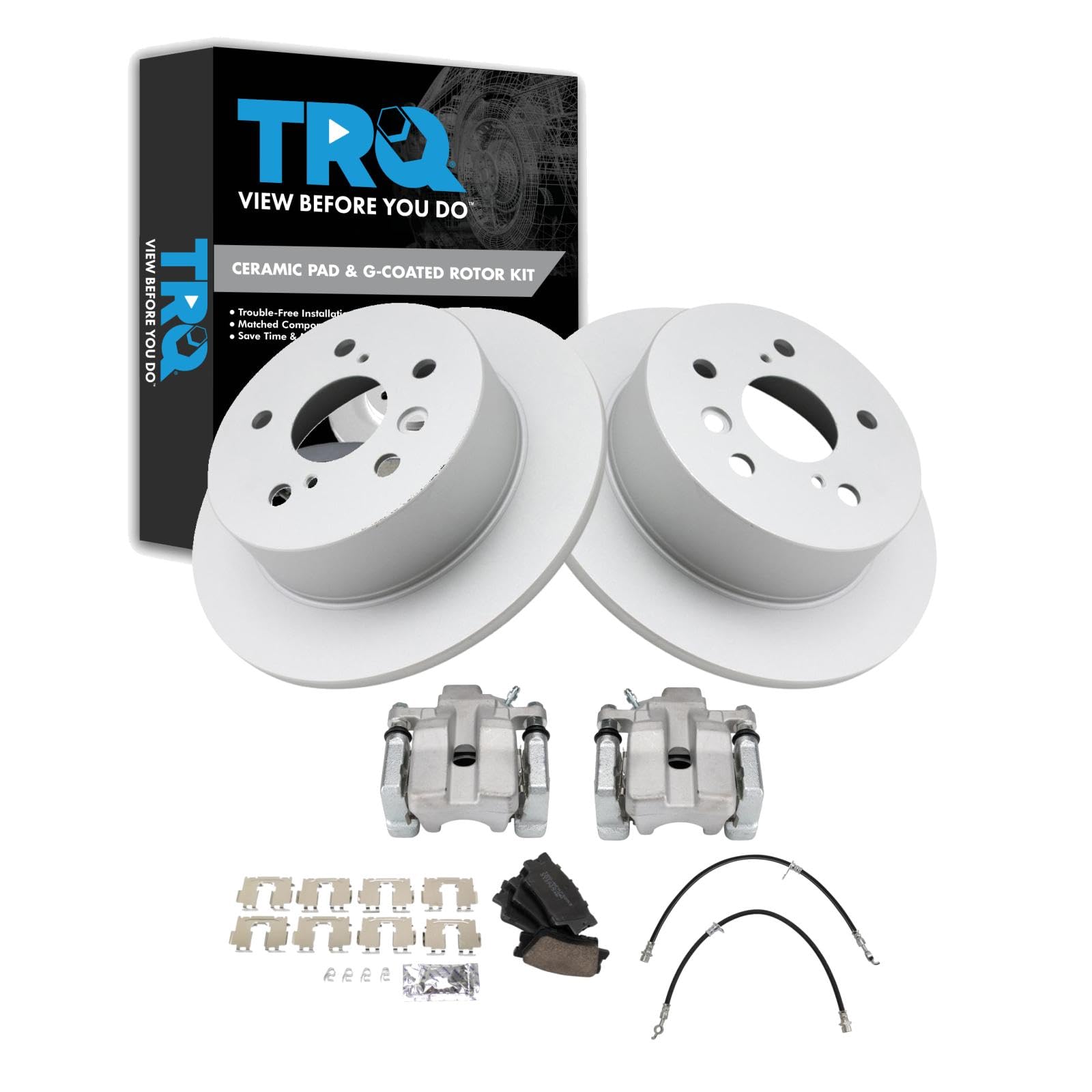 TRQ Rear Brake Pad and Rotor Set Ceramic Coated Rotors Calipers Compatible with 2007-2012 Lexus ES350 To 9/30/11 Production Date 2008-2012 Toyota Avalon 2007-2011 Camry