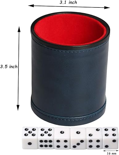 Miniatura 2 de Juego de Taza de Dados de Cuero Sintético Azul con 6 Dados Forro de Felpa Silencioso al Sacudir para Jugar Dados Mentirosos, Farkle, Yahtzee, Juegos