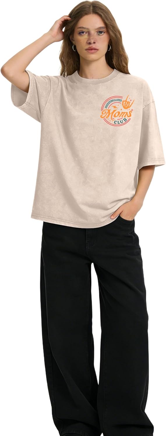Women’s Overstimulated Moms Club Shirt Vintage Washed Mom Tee Mama Crew Neck Shirt Casual Short Sleeve Tee Tops - Image 6