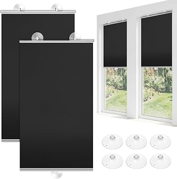 Moukeren 2 Pcs Suction Cup Window Blackout Roller Shades,Black,49" X 15.8" | No Drilling Retractable Portable Blinds, Removable Pull Down Blackout Curtains, Home Office Bedroom Balcony Door Window