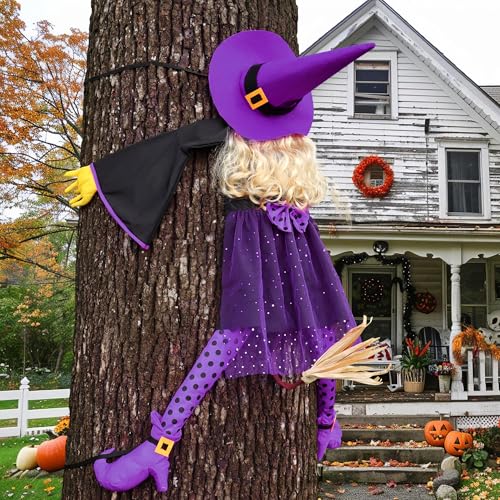 HOIIOH Halloween-Deko Outdoor – 135 cm Halloween Hexe Kracht gegen Baum, Witzige Fliegende Hexendeko zum Hängende für Garten, Vordervoranda, Gruselhaus, Outdoor/Indoor, Hof, Partydeko (Violett)