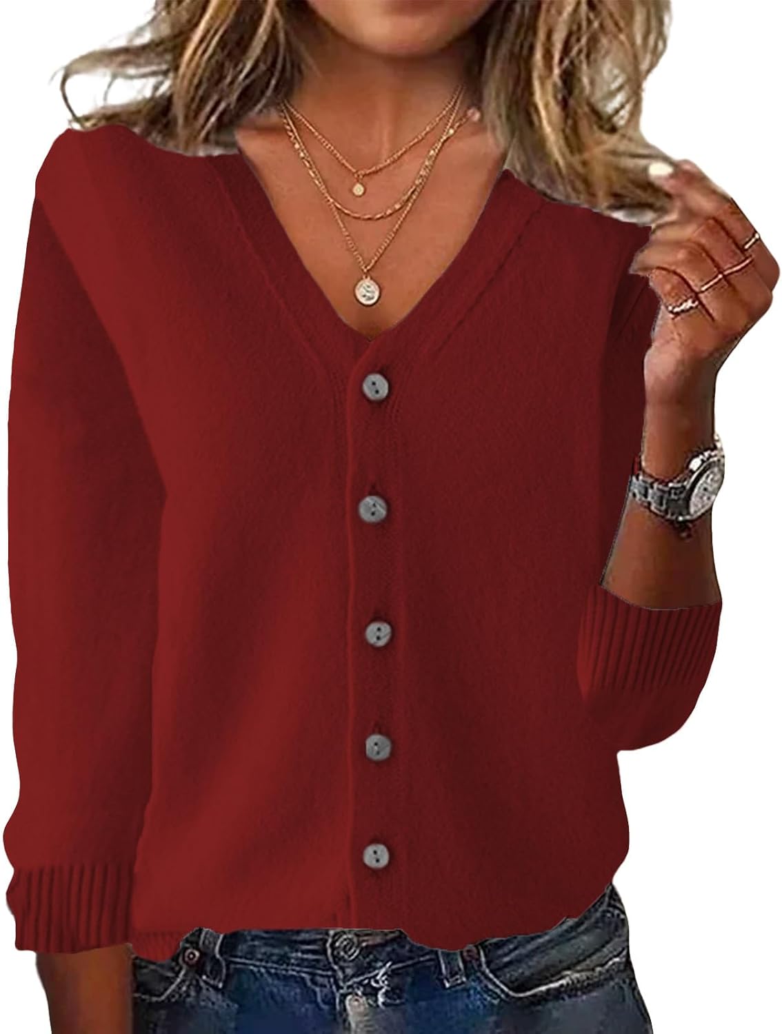 Womens V Neck Button Cardigan Sweater Loose Fit Casual Solid Long Sleeve Sweaters Fall Trendy Knit Clothes