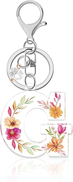 Lukiisoo Pink Flower Letter Key Chain, Initial Keychains with Crystal Pendant for Women Gift, Cute Alphabet Handbags Keyring