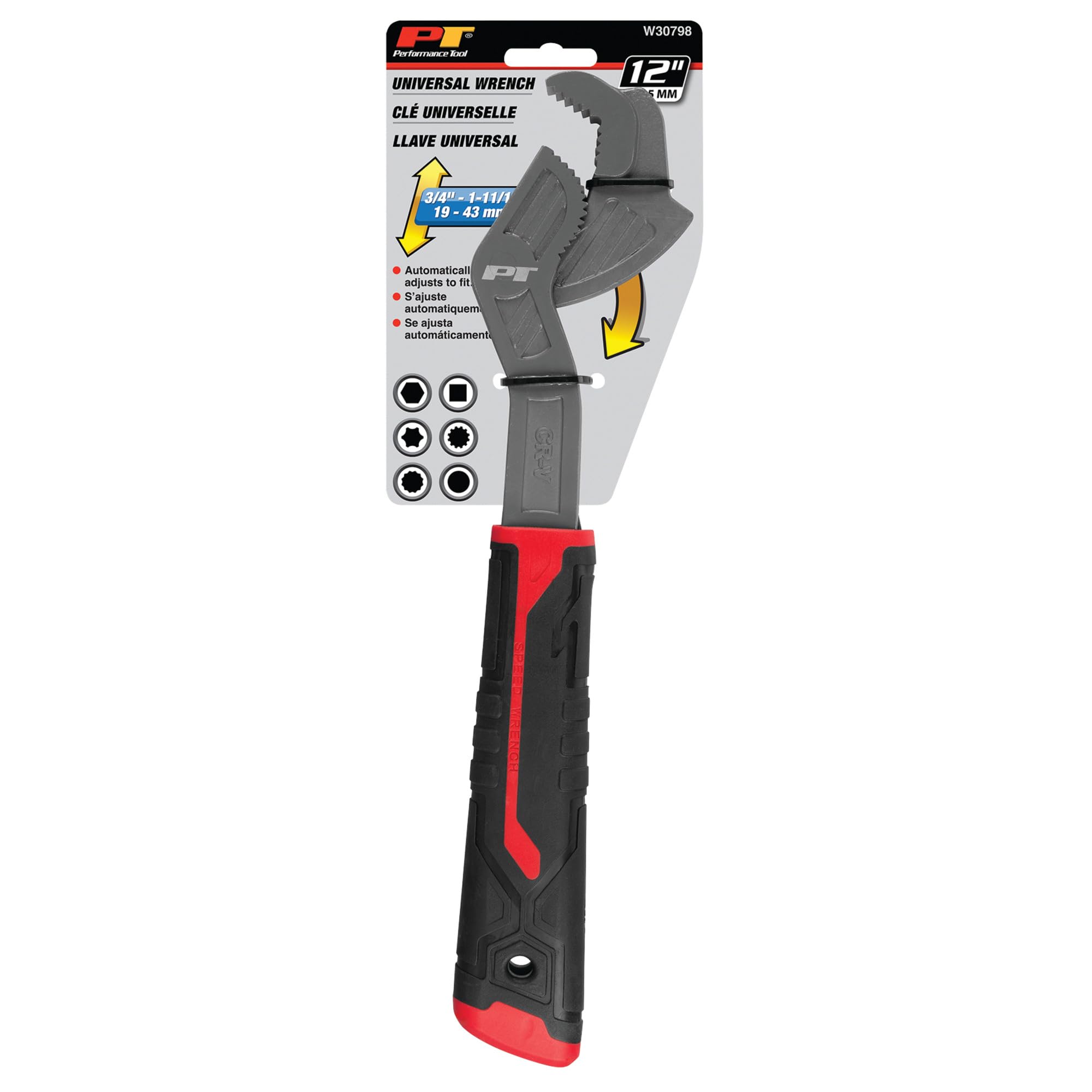 Performance Tool W30798 Llave universal de 12 pulgadas, cromo vanadio forjado en gota, acción de trinquete, con resorte, mango TPR