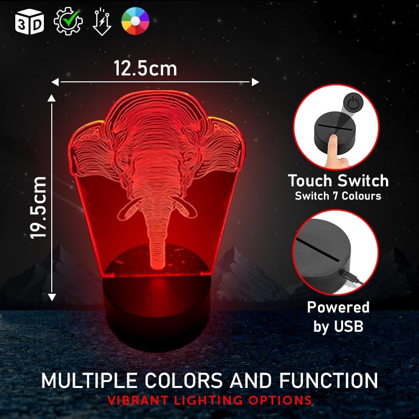 POGSTER 3D Elephant Lamp - 7-Color Changing LED Night Light for Kids' Bedroom or Desk, Multi - Image 3
