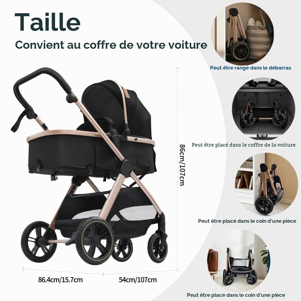 Poussette 3 en 1 pliable, légère bébé, poignée cuir PU, Noir & Or | Système de voyage 0-36 mois, pour nouveau-nés et tout-petits, moustiquaire et housse de pluie inclus