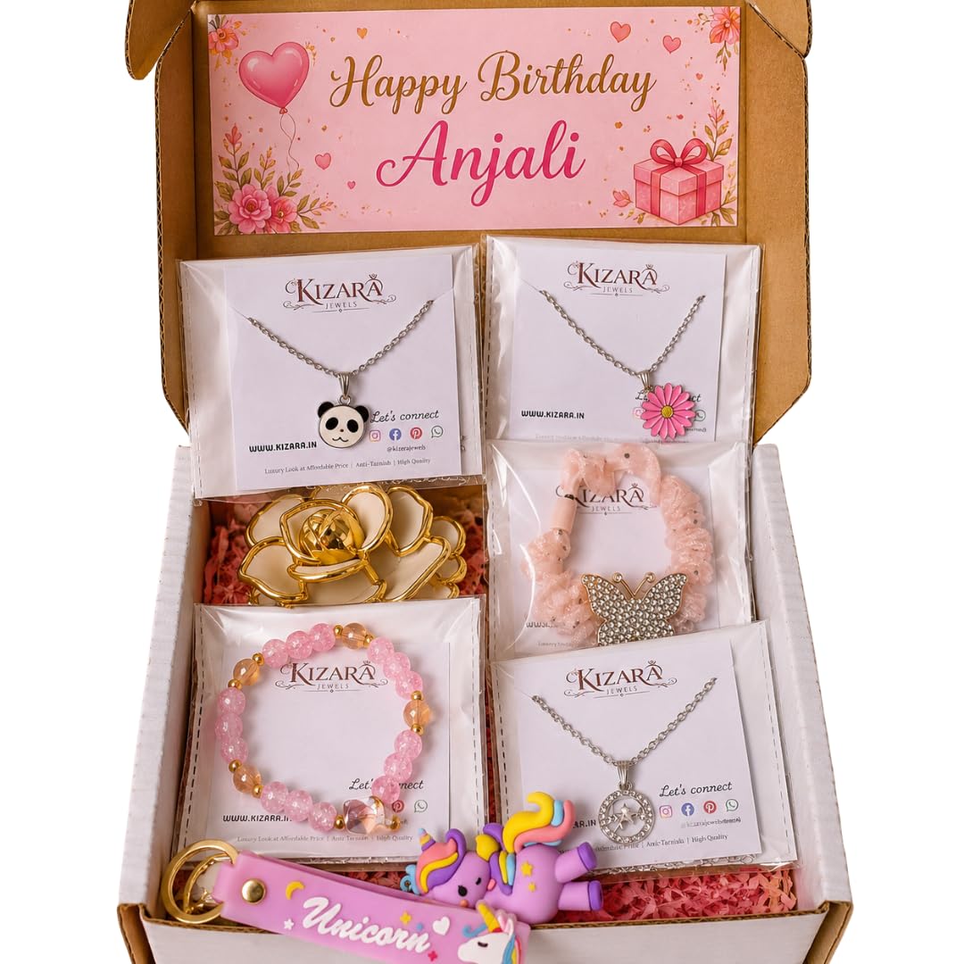 Custom Name Birthday Jewellery Gift Hamper for Women | 7 Items Gift Box with 3 Necklaces, Charm Bracelet, Keychain, Hair Clutcher & Stylish Hair Band | Birthday Gift for Girls, Wife, Sister, Girlfriend-image-9