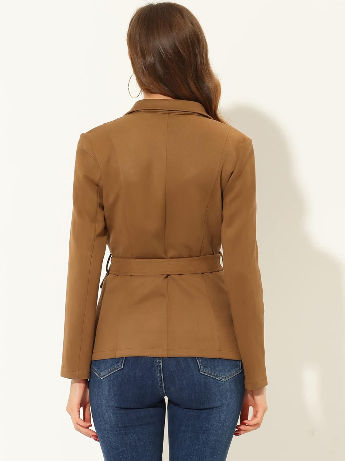 Allegra K Women's Faux Suede Blazer Belted Lapel Outwear Single Breasted Work Jacket - Image 4