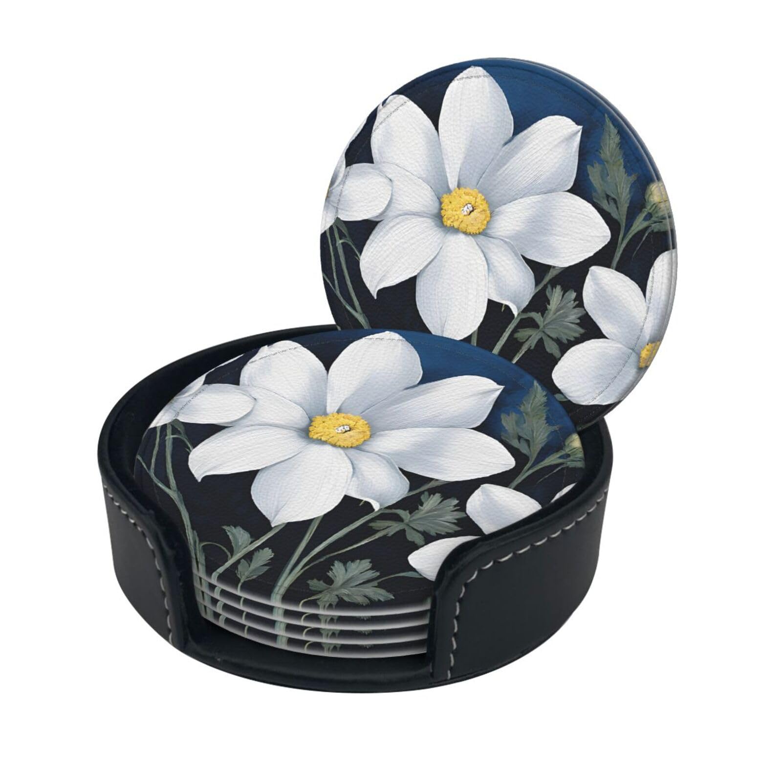 Daisy Floral Print Coaster,Round Leather Coasters with Storage Box for Wine Mugs,Cold Drinks and Cups Tabletop Protection (6 Piece)