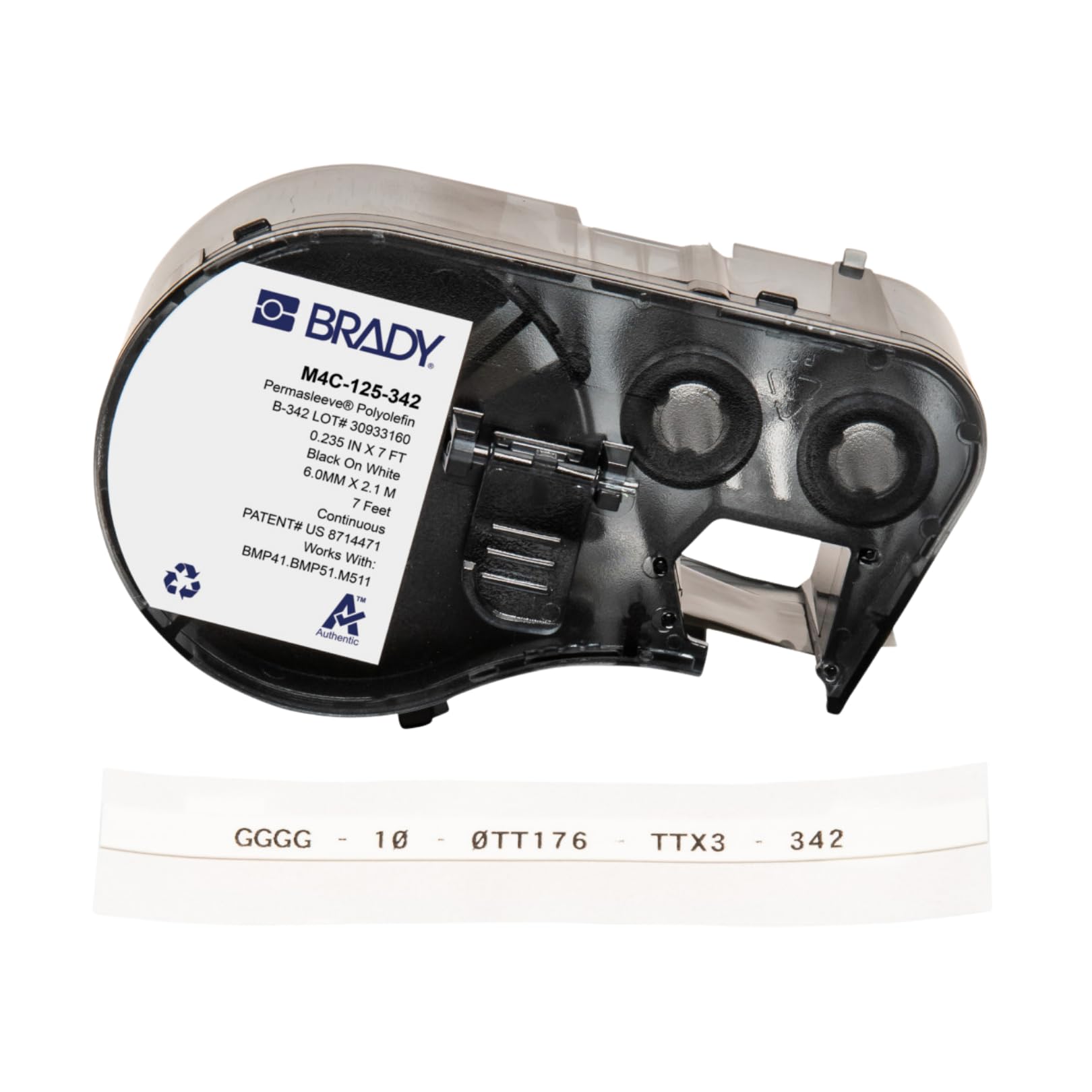 Brady Authentic (M4C-125-342) PermaSleeve® Heat-Shrink Labels Polyolefin 0.125 in Black on White, 7 ft roll. for use with The BMP41, BMP51, and M511