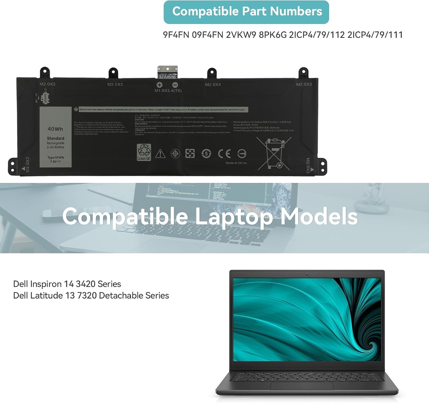 K KYUER 9F4FN Laptop Akku für Dell Inspiron 14 3420 Latitude 13 7320 Detachable Tablet P152G P22G T04H T04H001 P152G006 P22G001 P22G004 X28GR 2VKW9 8PK6G