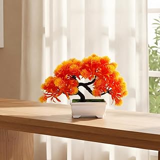 Artificial Japanese Pine Bonsai Tree, Plastic Small Potted Plant, Indoor Home Office Decoration, White Planter, 1 Count