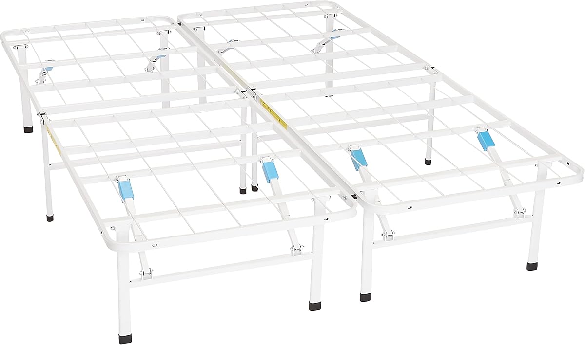 Bastidor de cama de plataforma completo, metal plegable, configuración sin herramientas, 14 pulgadas de alto, blanco