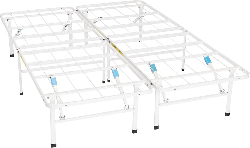 Bastidor de cama de plataforma completo, metal plegable, configuración sin herramientas, 14 pulgadas de alto, blanco